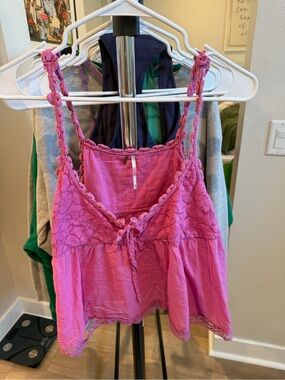 Pink Lace-Trim Tie-Front Tank Top